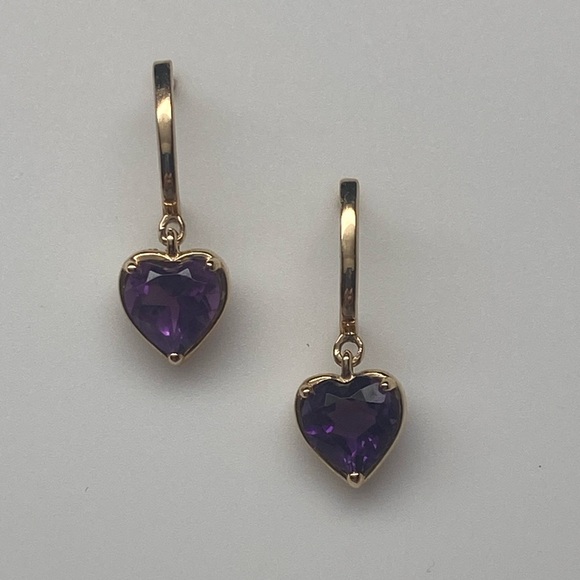 10K Solid Yellow Gold Natural Heart Shape Amethyst Dangle Earrings NEW